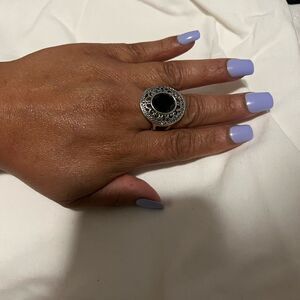 Lia Sophia Lyrical Ring Size 9 SilverTone Filigree Lacework Design Black